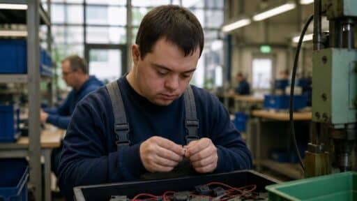 Mann mit Downsyndrom arbeitet in einer Behinderten-Werkstatt
