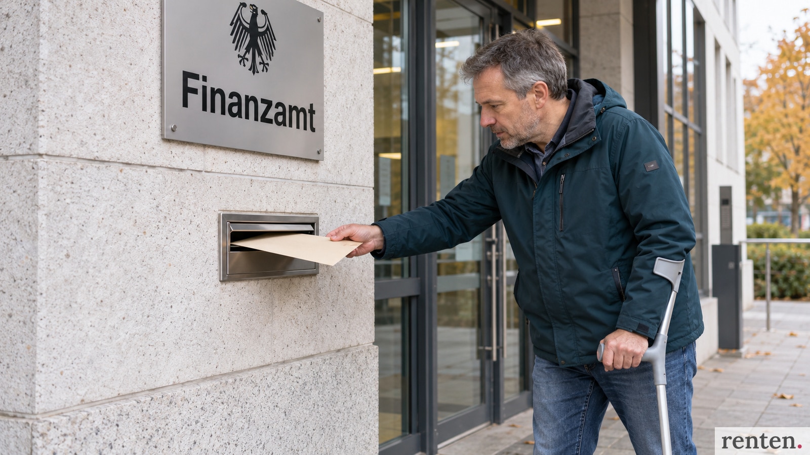 Mann mit Gehstütze wirft einen Umschlag in den Briefkasten des Finanzamts.