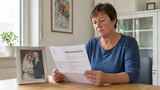 Witwe liest einen Bescheid zur Betriebsrente neben dem Hochzeitsfoto mit ihrem verstorbenen Ehemann
