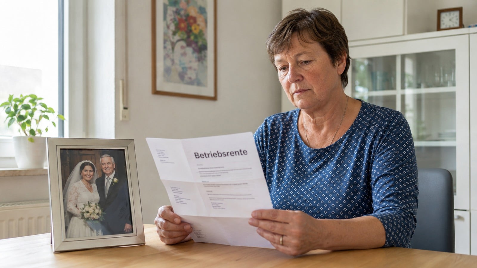 Witwe liest einen Bescheid zur Betriebsrente neben dem Hochzeitsfoto mit ihrem verstorbenen Ehemann
