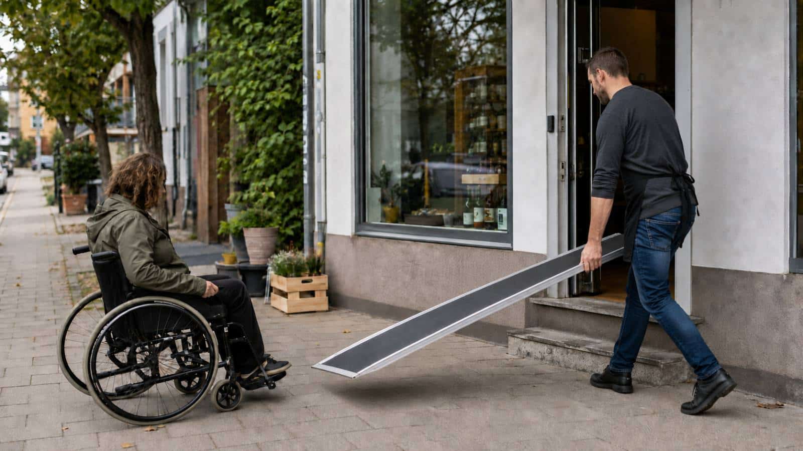 Mitarbeiter trägt eine mobile Rollstuhlrampe zu einem Geschäftseingang, vor dem eine Person im Rollstuhl wartet.