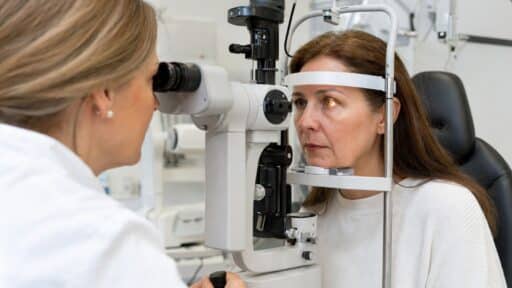 In einer Augenpraxis untersucht eine Ärztin die Augen einer Patientin mit einer Spaltlampe.