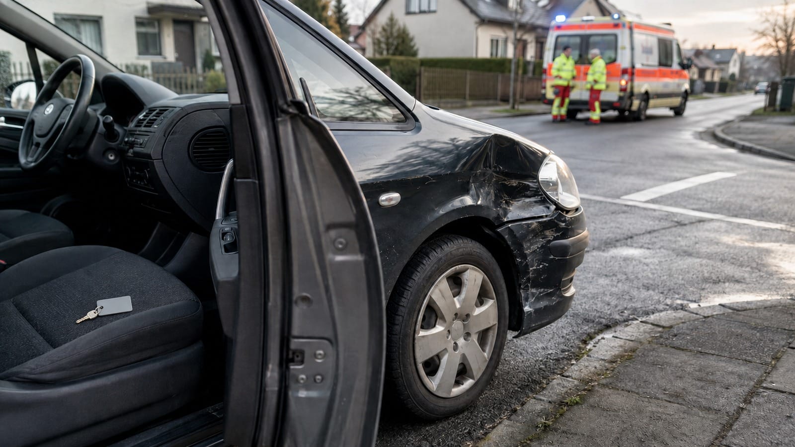 Unfallauto an einer Abzweigung mit vergessenem Dienstschlüssel auf dem Fahrersitz
