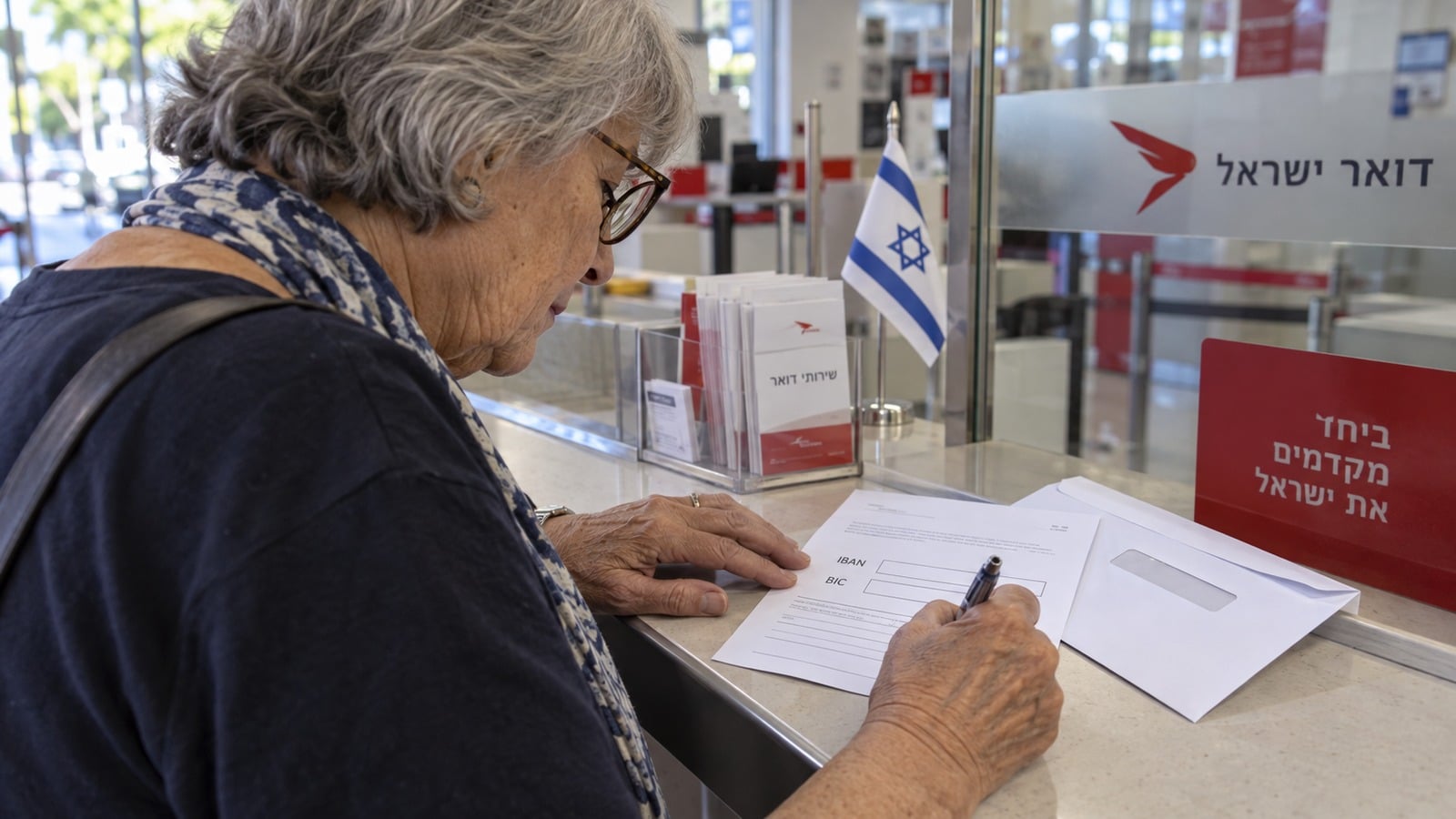 Rentnerin in Israel trägt IBAN und BIC in eine Zahlungserklärung ein