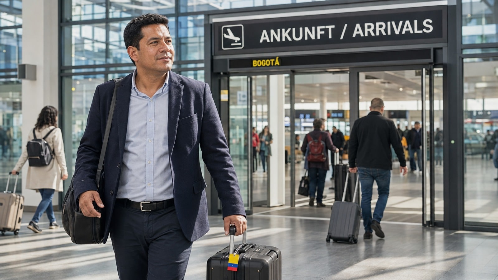 Mit Schutzhelm und Rollkoffer geht ein Beschäftigter durch ein helles Flughafenterminal zu seinem Arbeitseinsatz.