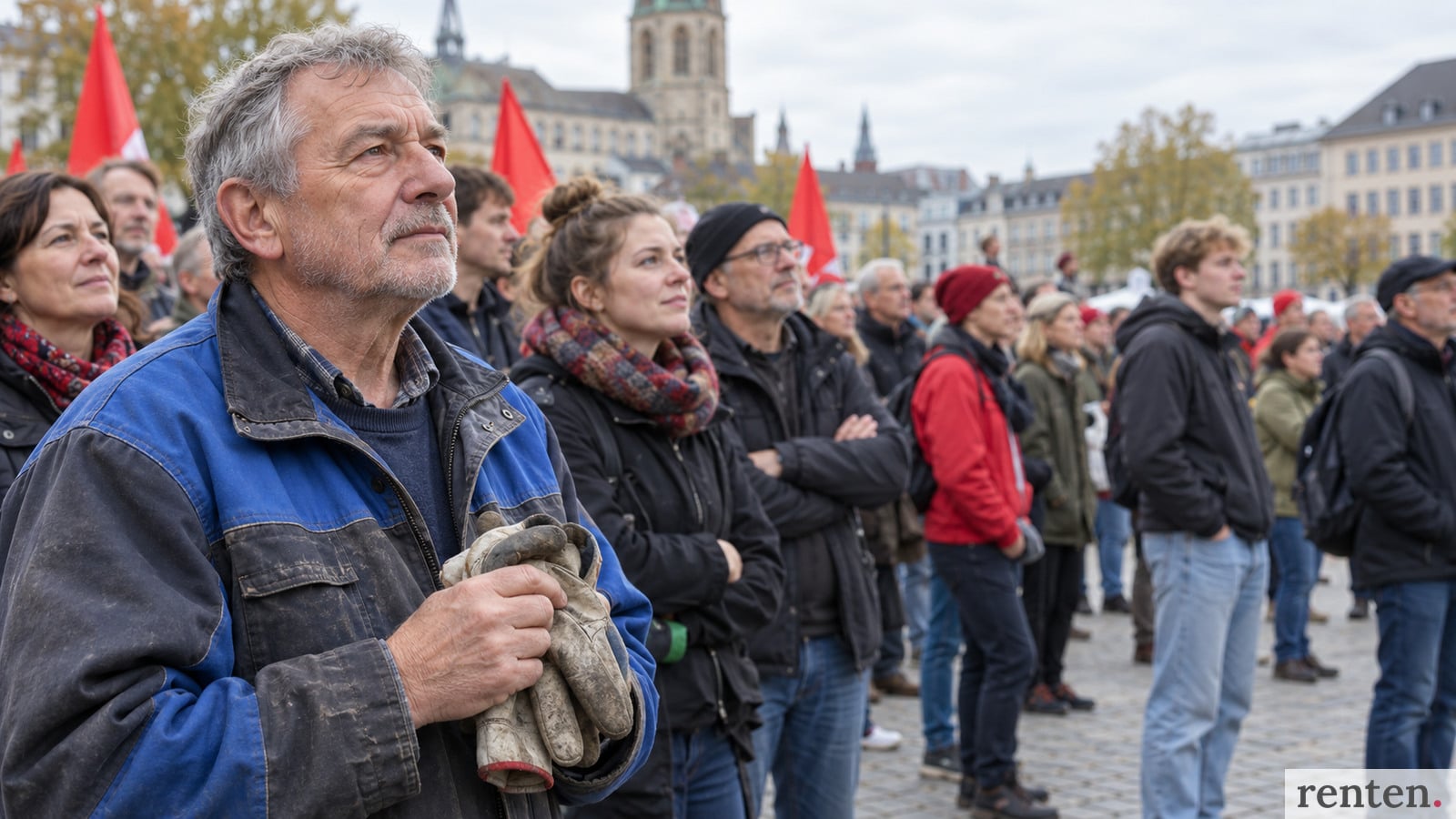 Älterer Beschäftigter mit Arbeitshandschuhen bei einer Gewerkschaftskundgebung