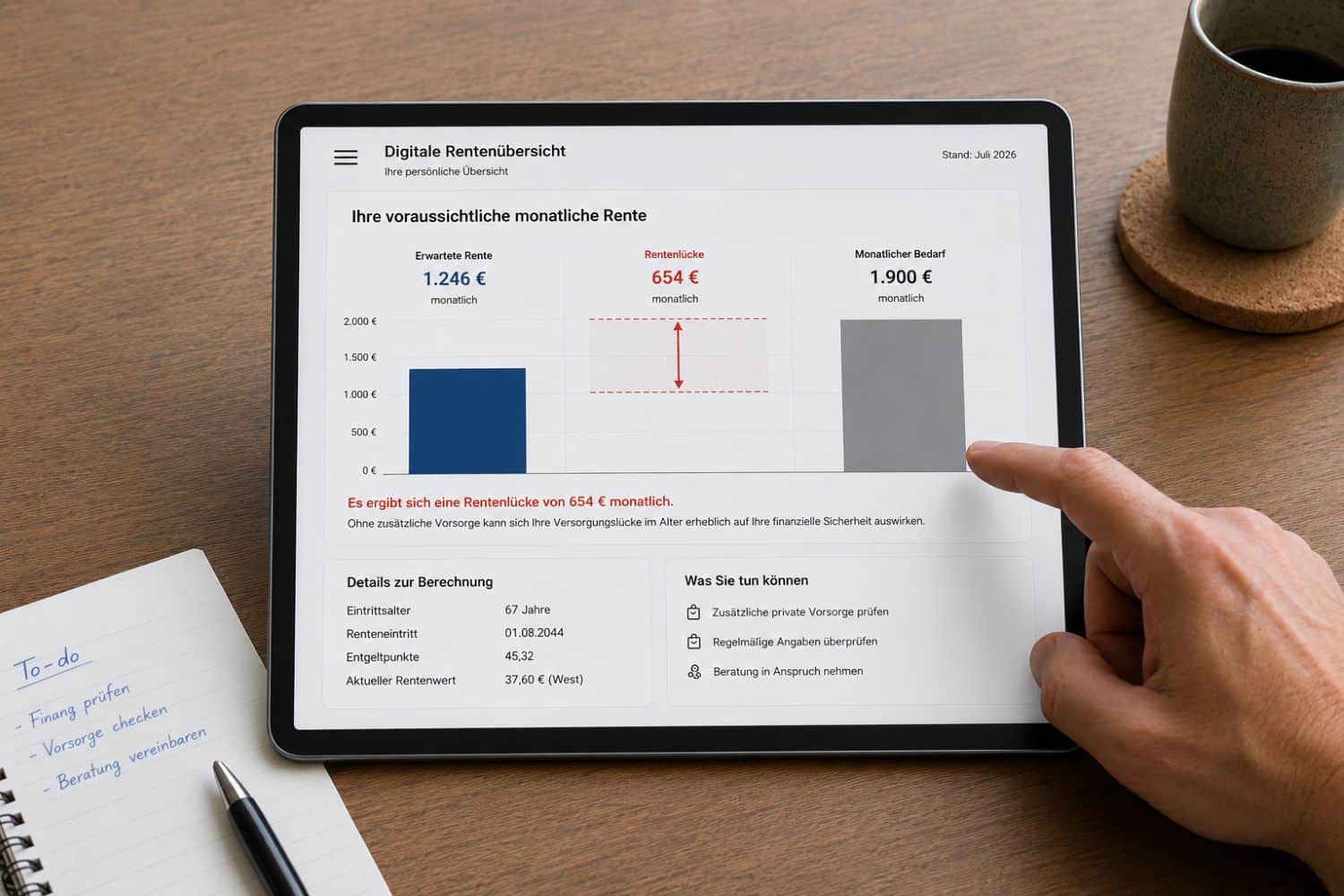 Die digitale Rentenübersicht vergleich Rente mit Bedarf und zeigt die Rentenlücke auf dem Tablet an