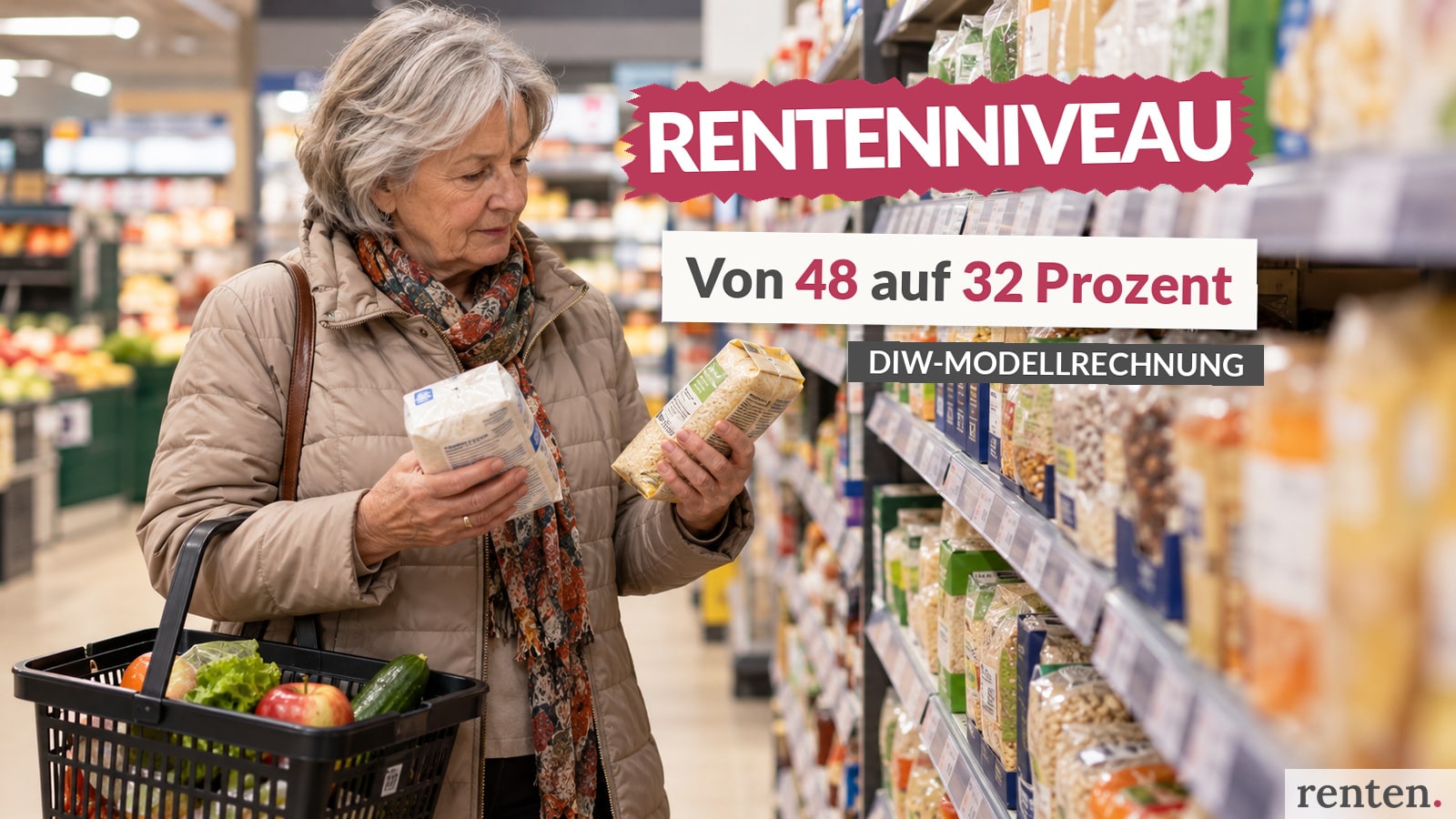 Rentnerin vergleicht beim Einkauf im Supermarkt die Preise zweier Lebensmittel