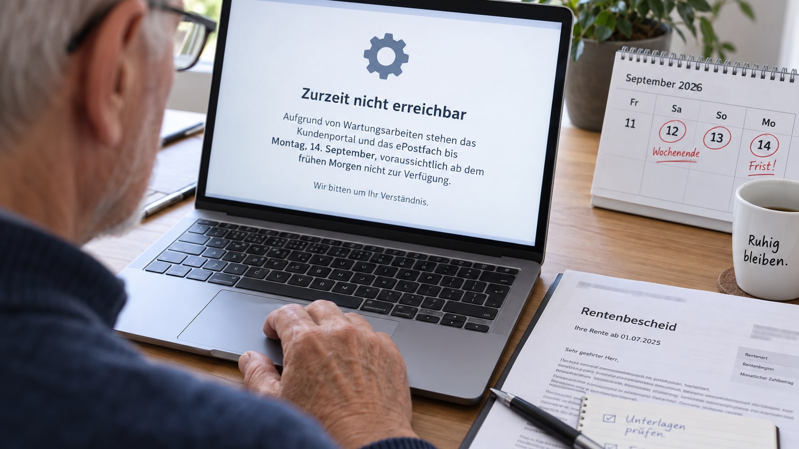 ersicherter vor nicht erreichbarem DRV-Kundenportal neben Rentenbescheid und Kalender