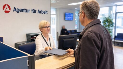 Eine Mitarbeiterin der Agentur für Arbeit blickt einen Kunden an, während beide eine Dokumentenmappe übergeben.