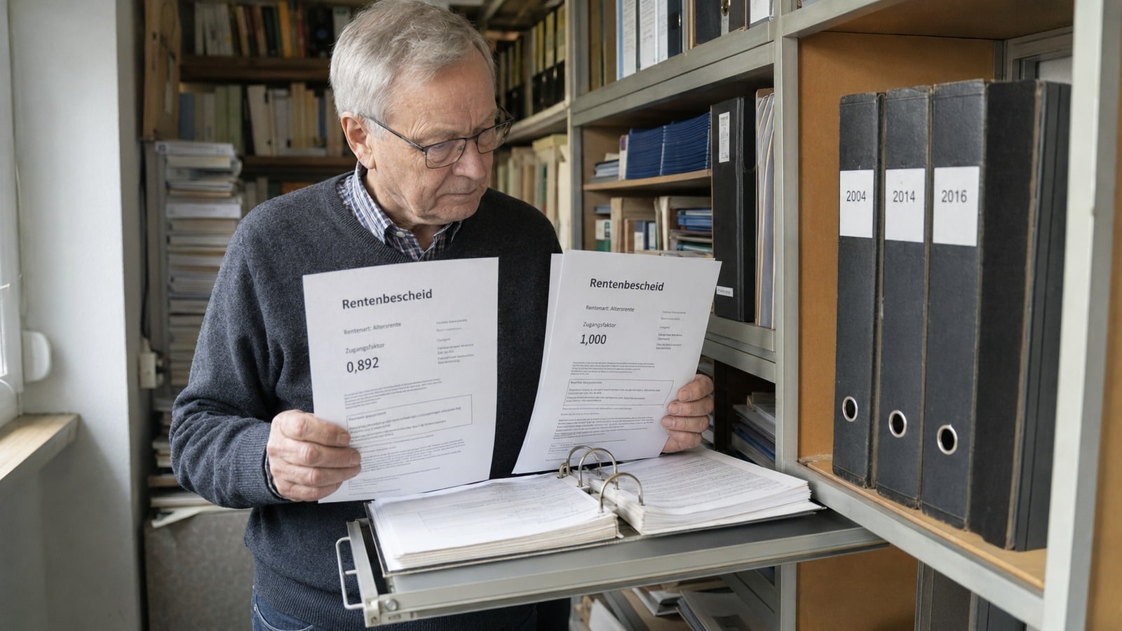 Rentner mit alten Akten zur Erwerbsminderungsrente und zwei unterschiedlich berechneten Rentenbescheiden