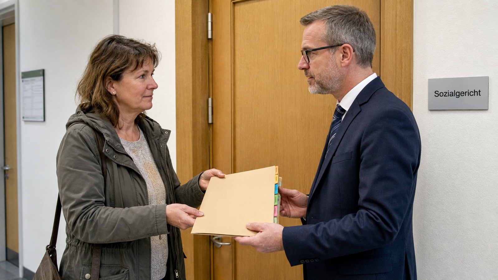Frau übergibt ihrem Anwalt vor einem Sozialgericht medizinische Unterlagen zur EM-Rentenklage