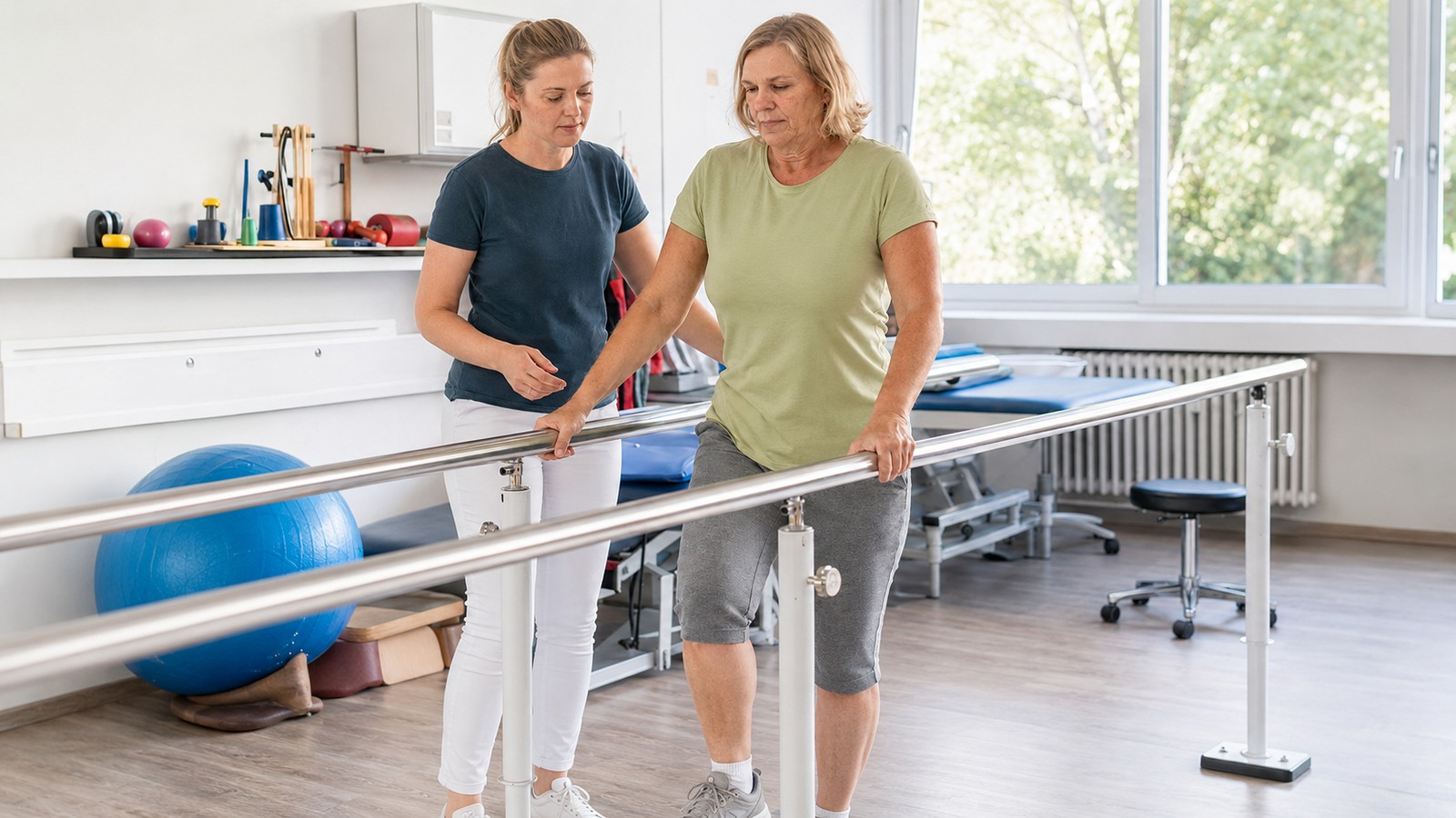 Patientin trainiert mit einer Physiotherapeutin das Gehen am Parallelbarren.