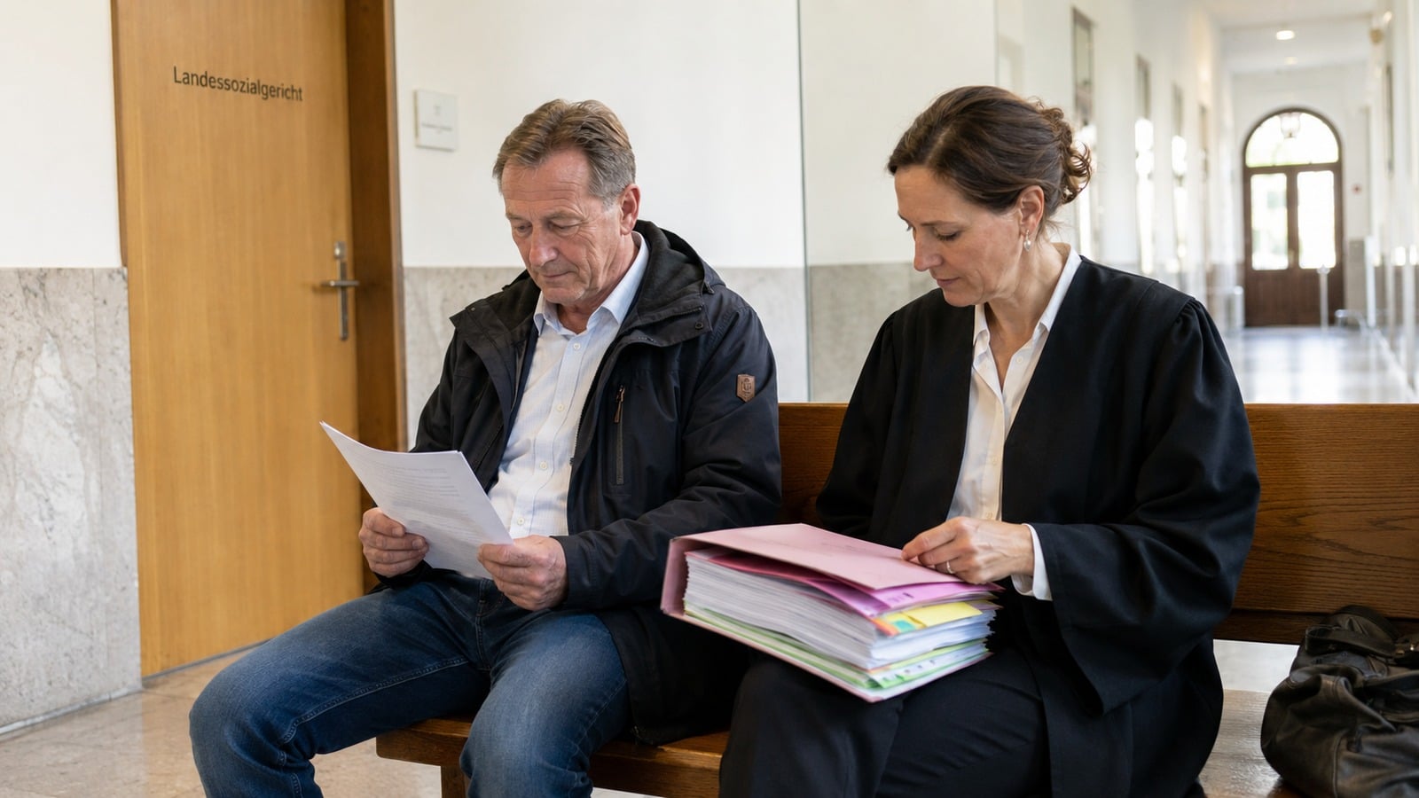 Mann bespricht nach einem Verfahren zur Erwerbsminderungsrente mehrere Gutachten mit seiner Anwältin