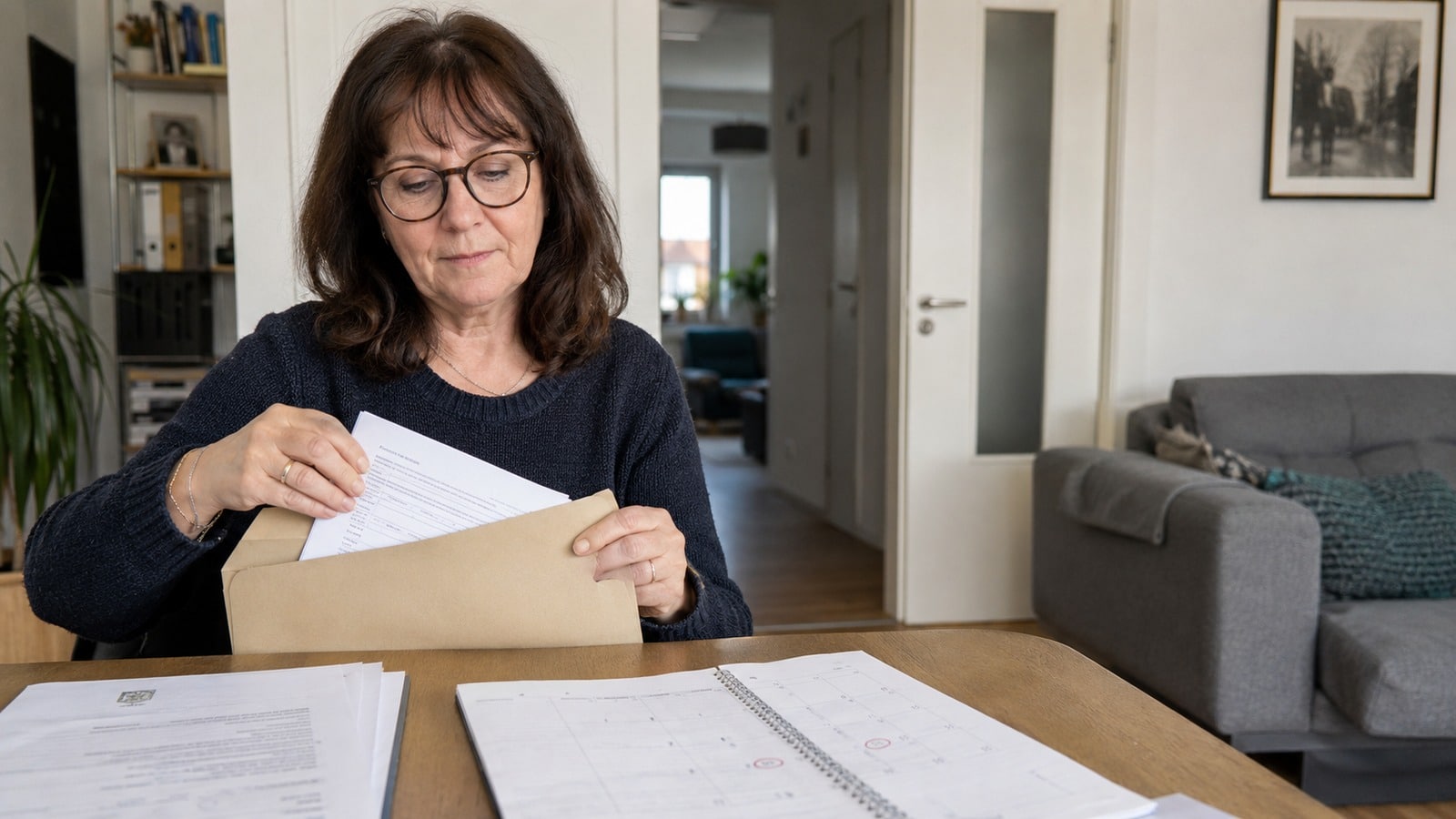 Frau legt Unterlagen für ihre EM-Rentenklage neben einen Gerichtsbrief und einen markierten Kalender