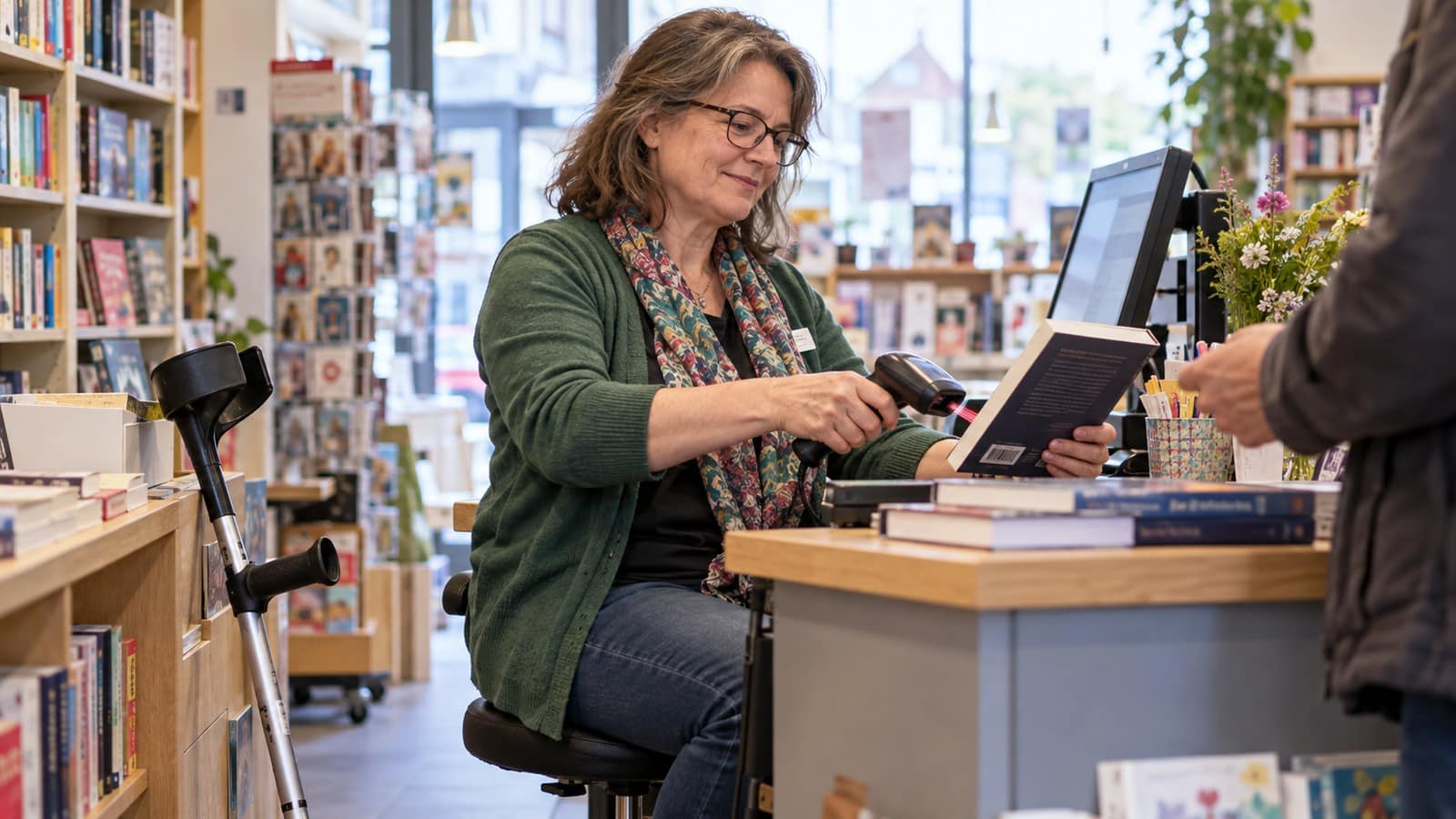 Frau mit Unterarmgehstütze arbeitet sitzend an einer Buchhandelskasse.