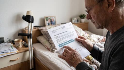 Ein 53-jähriger Mann mit Sehhilfe sitzt auf seiner Bettkante und liest aufmerksam einen Bescheid über Erwerbsminderungsrente. In seinen Händen hält er das Papier, auf dem eine markierte Textpassage zu sehen ist. Neben dem Bett lehnen zwei Gehstützen an einem Nachtschrank.