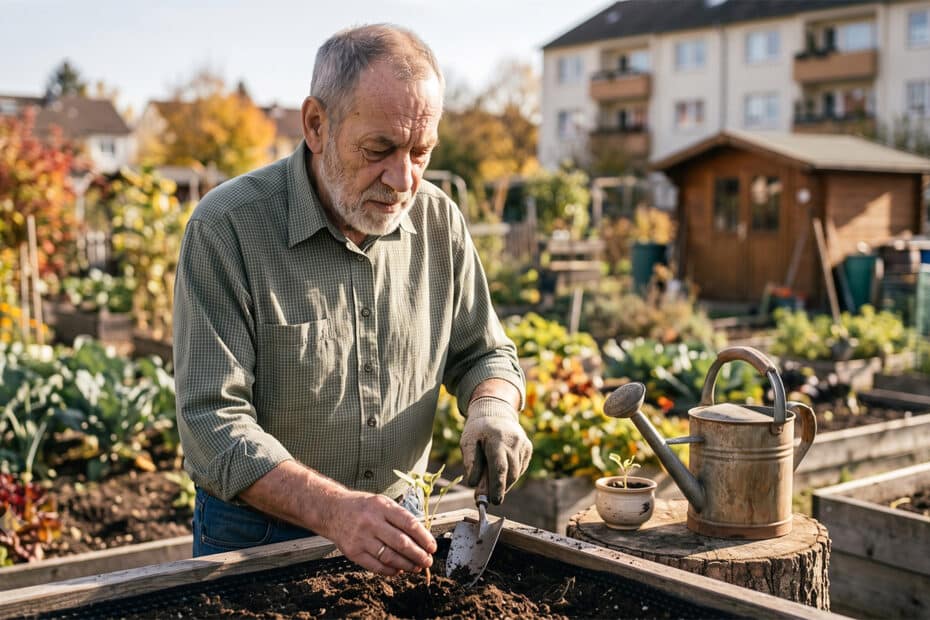 EM-Rentner im Garten frustriert über die Verrechnung der Nachzahlung
