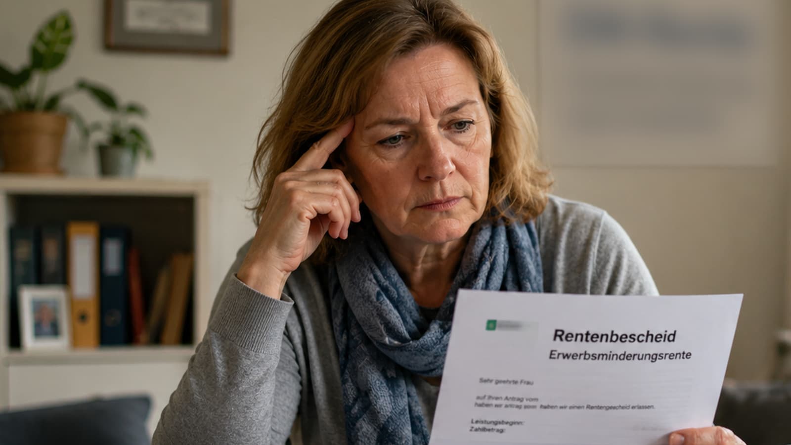 Frau prüft einen Rentenbescheid über ihre Erwerbsminderungsrente