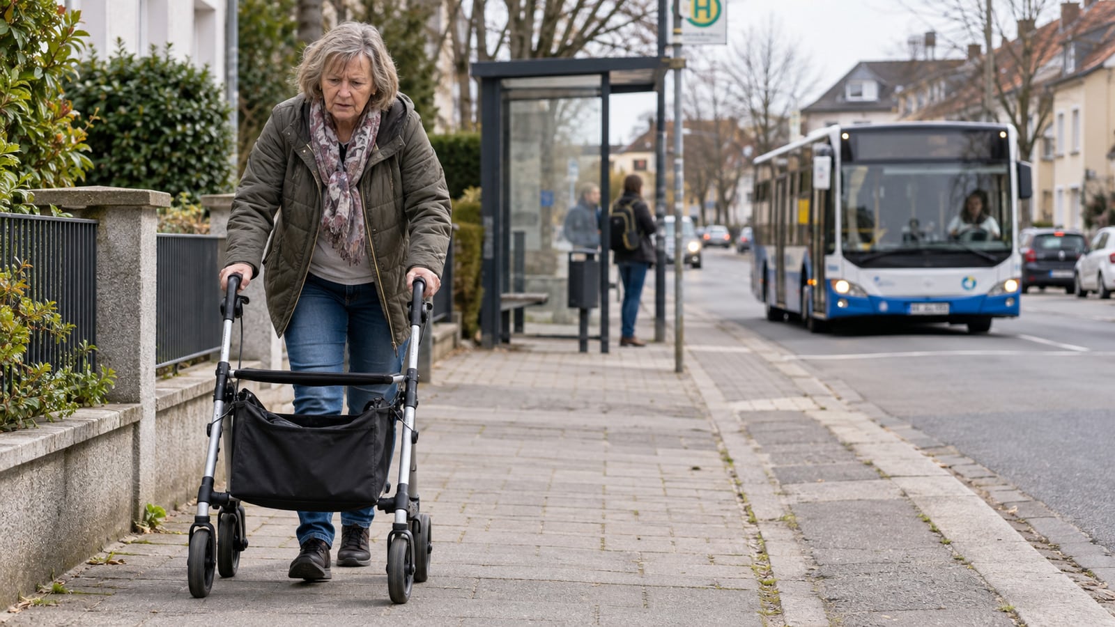 Frau mit Rollator auf dem Weg von einer Bushaltestelle
