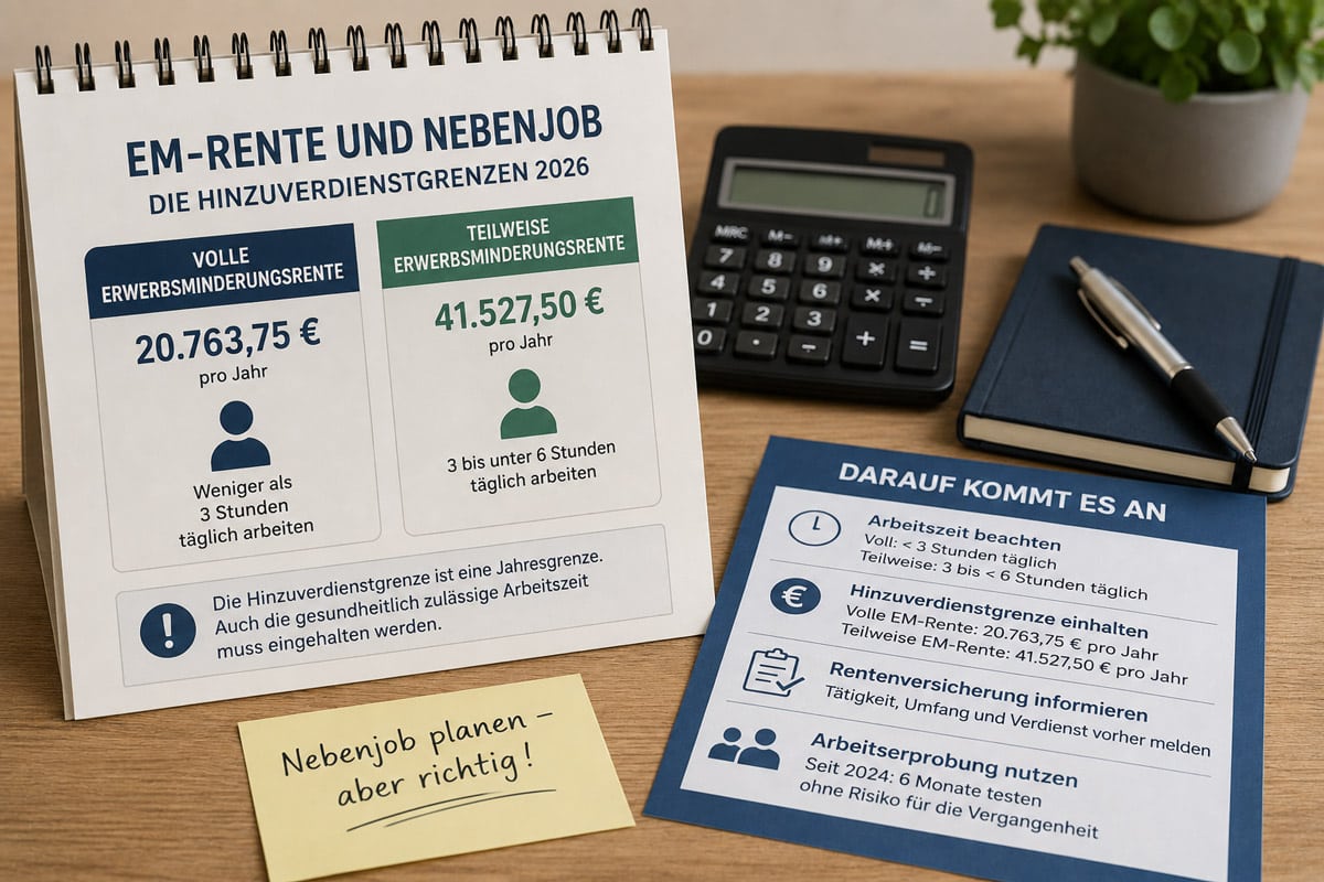 Dreiteilige Grafik zur EM-Rente mit Nebenjob, Hinzuverdienstgrenzen 2026 und Hinweis auf Gesundheit und Rentenversicherung