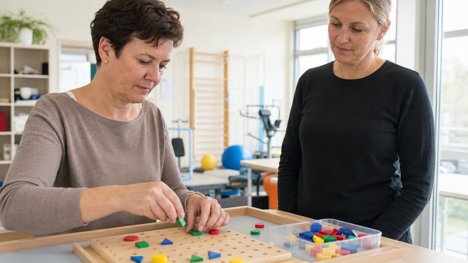 Eine Frau bearbeitet bei einer kognitiven Leistungsprüfung in einer Reha-Einrichtung ein Steckbrett.
