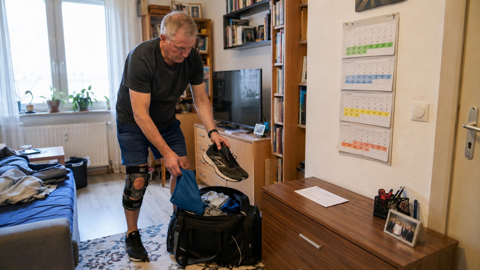 Langzeiterkrankter Mann packt eine Reha-Tasche neben einem Kalender mit vier markierten Wochen.
