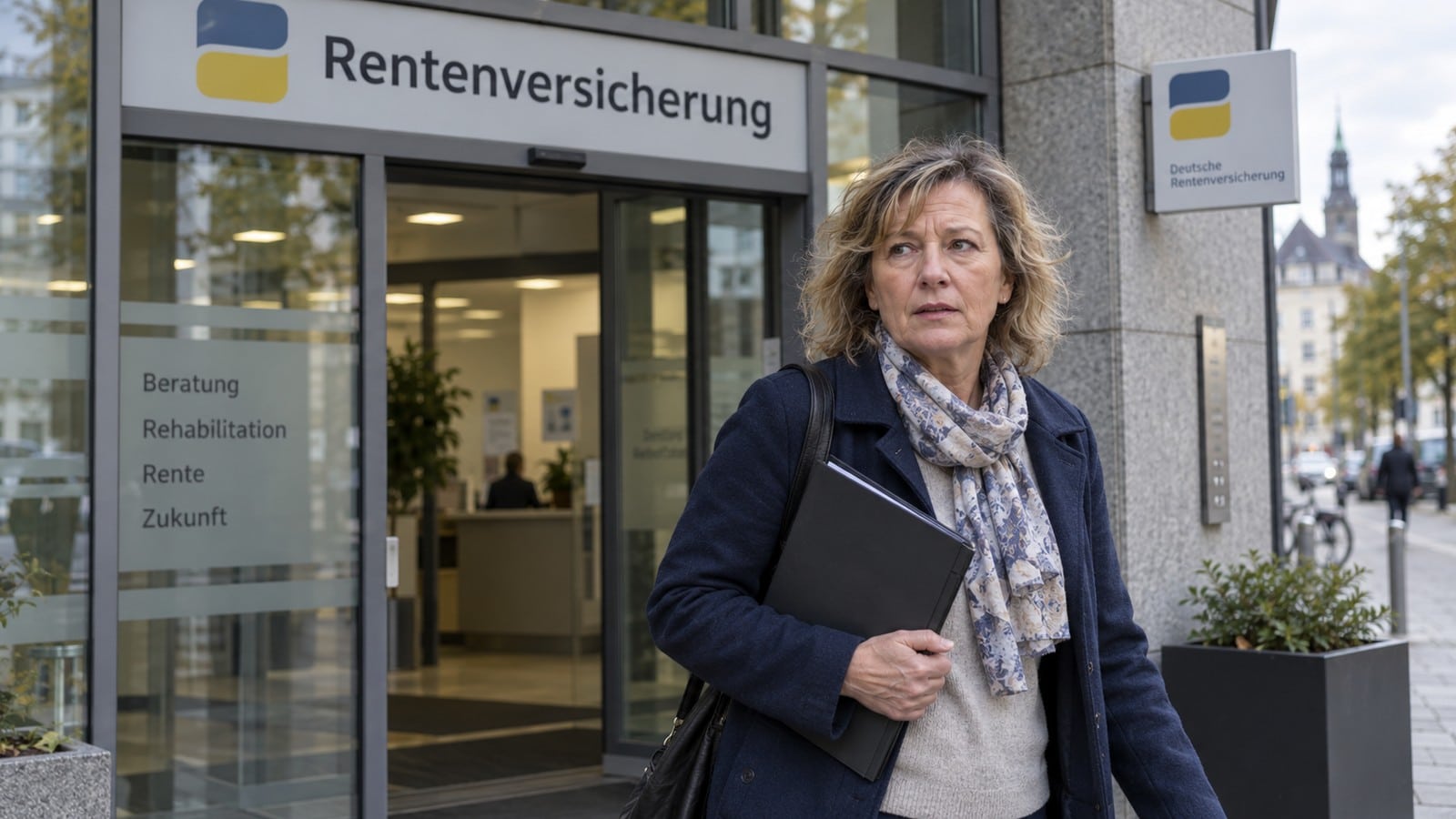 Frau verlässt eine Beratungsstelle der Rentenversicherung mit einer Mappe.