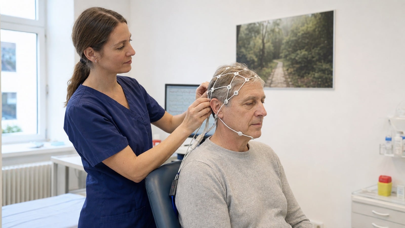 Eine Neurologin legt einem Patienten in einer hellen Praxis Elektroden für eine ambulante EEG-Untersuchung an.
