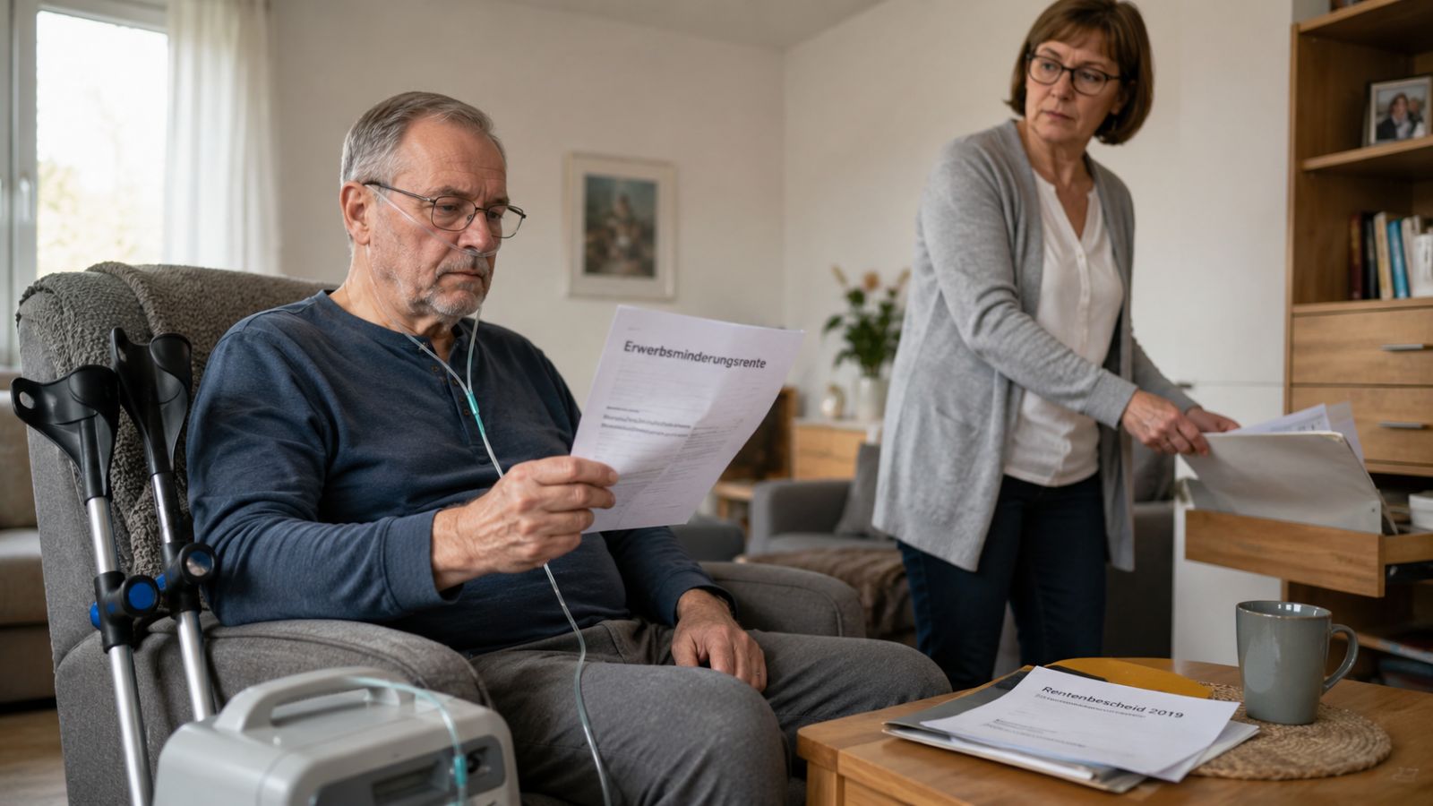 Bezieher einer Erwerbsminderungsrente vergleicht zwei Rentenmitteilungen aus unterschiedlichen Jahren