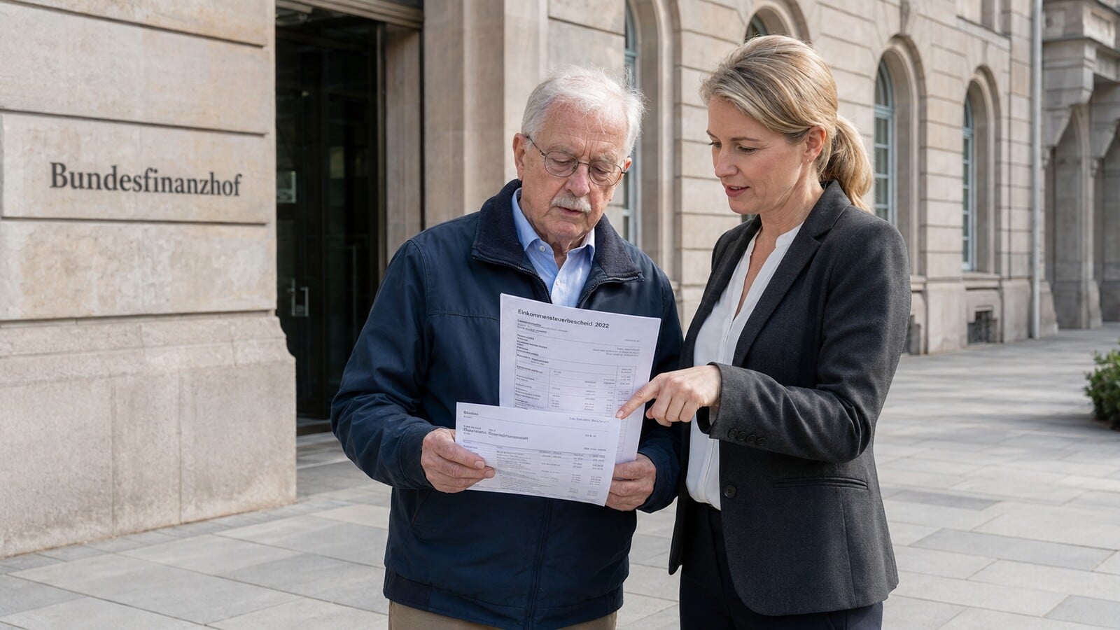 Rentner prüft mit einer Steuerberaterin den Steuerbescheid zur 300-Euro-Energiepreispauschale vor dem Bundesfinanzhof