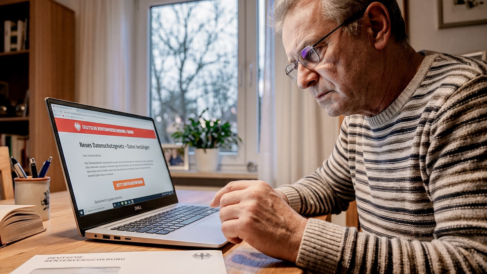 Rentner prüft eine gefälschte E-Mail zu einem angeblich neuen Datenschutzgesetz