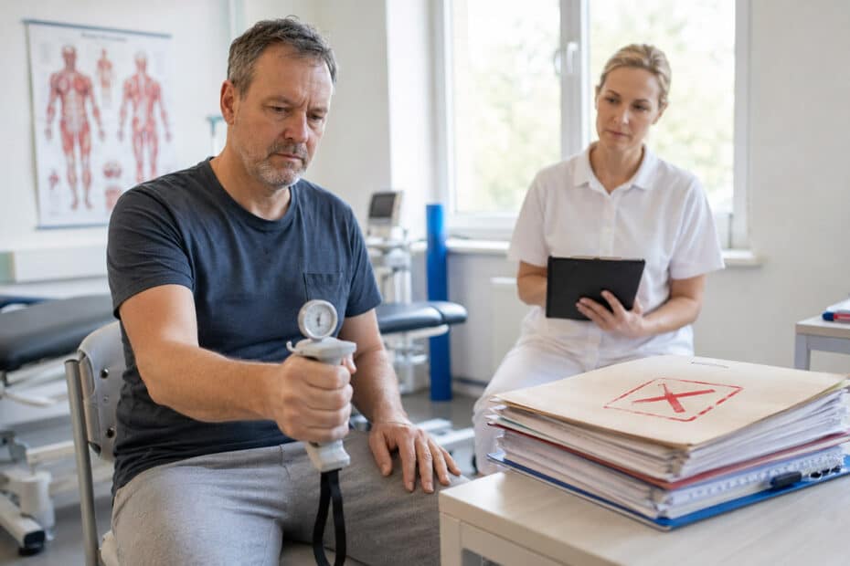 Mann absolviert medizinischen Belastungstest, während eine Ärztin seine Einschränkungen für die Erwerbsminderungsrente prüft