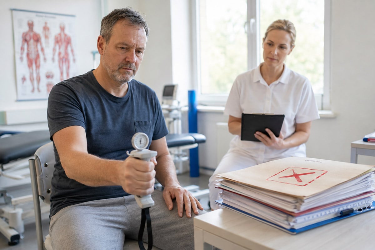 Mann absolviert medizinischen Belastungstest, während eine Ärztin seine Einschränkungen für die Erwerbsminderungsrente prüft