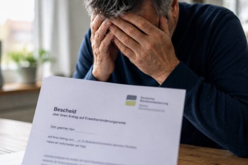Ein Mann verzweifelt vor einem Rentenbescheid der Deutschen Rentenversicherung nach einer Ablehnung der Erwerbsminderungsrente