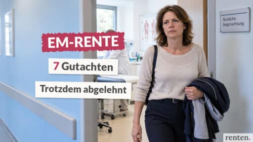 Frau verlässt mit ernstem Blick einen Raum für ärztliche Begutachtungen.