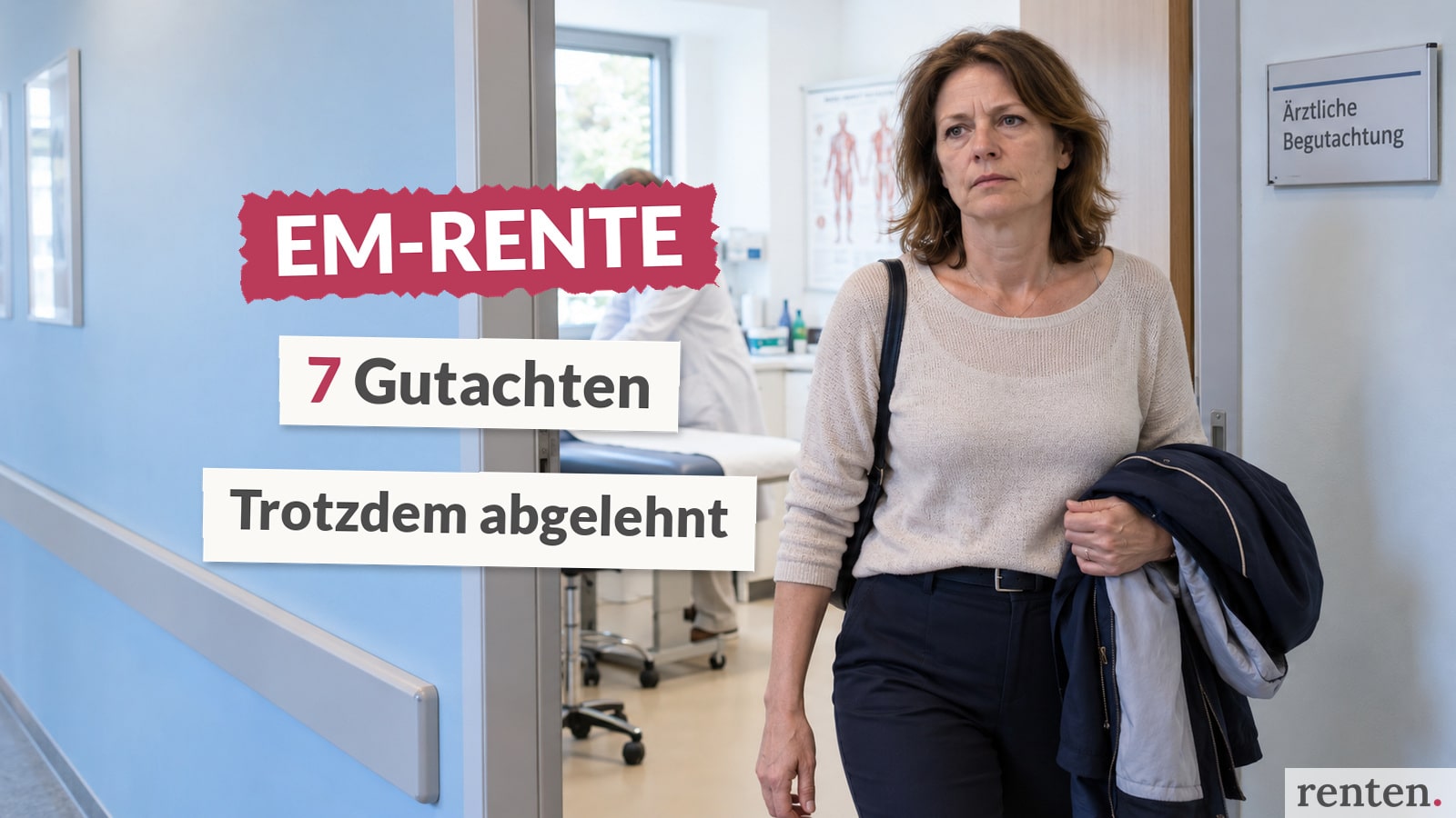 Frau verlässt mit ernstem Blick einen Raum für ärztliche Begutachtungen.