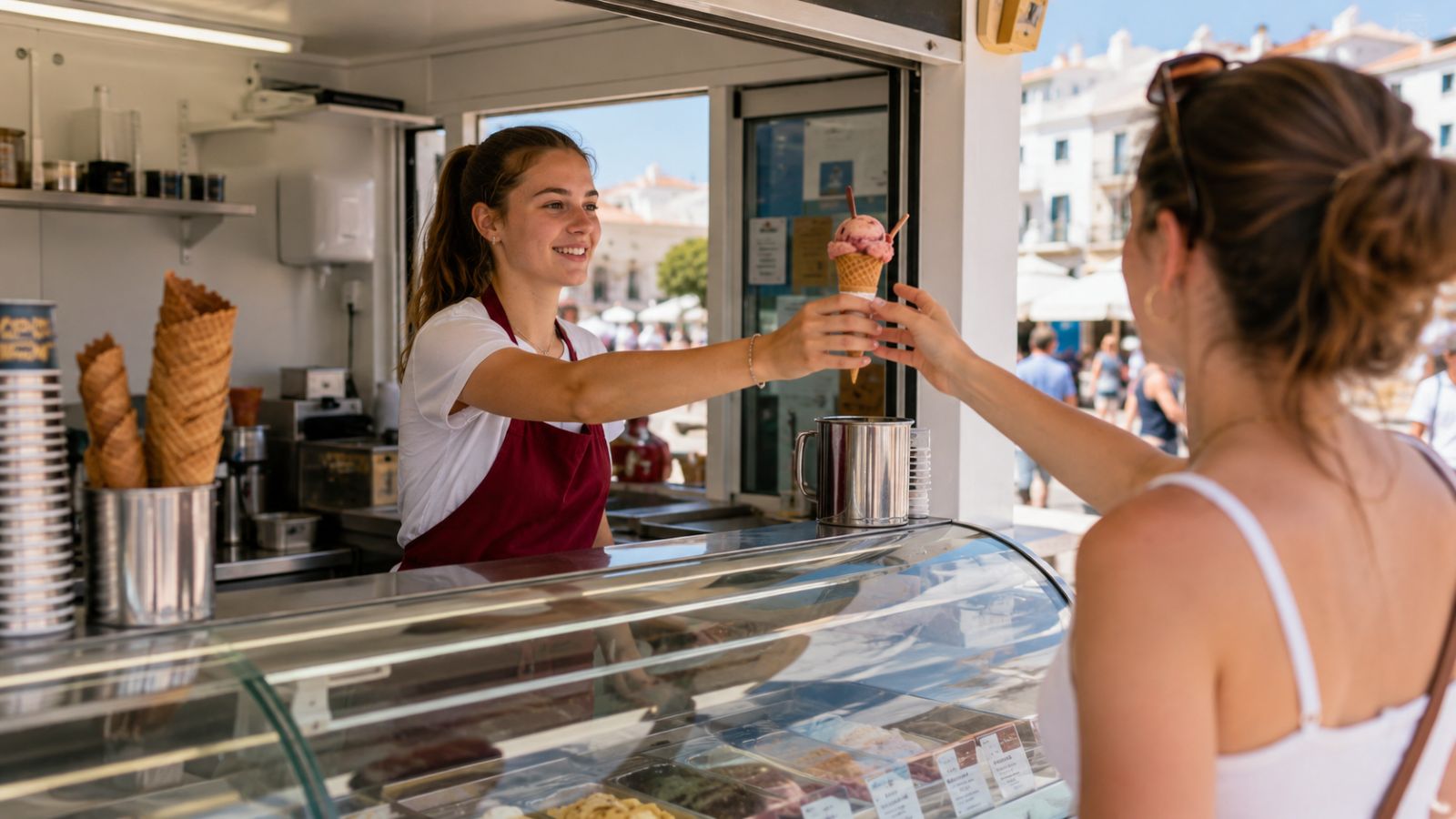 Junge Frau arbeitet in einem Eiscafé und verkauft während eines Ferienjobs ein Eis an eine Kundin.