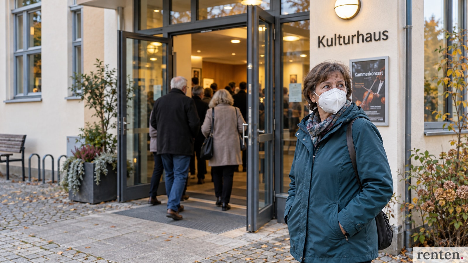 Frau mit FFP2-Maske hält Abstand zum Eingang eines Kulturhauses, während Besucher hineingehen.