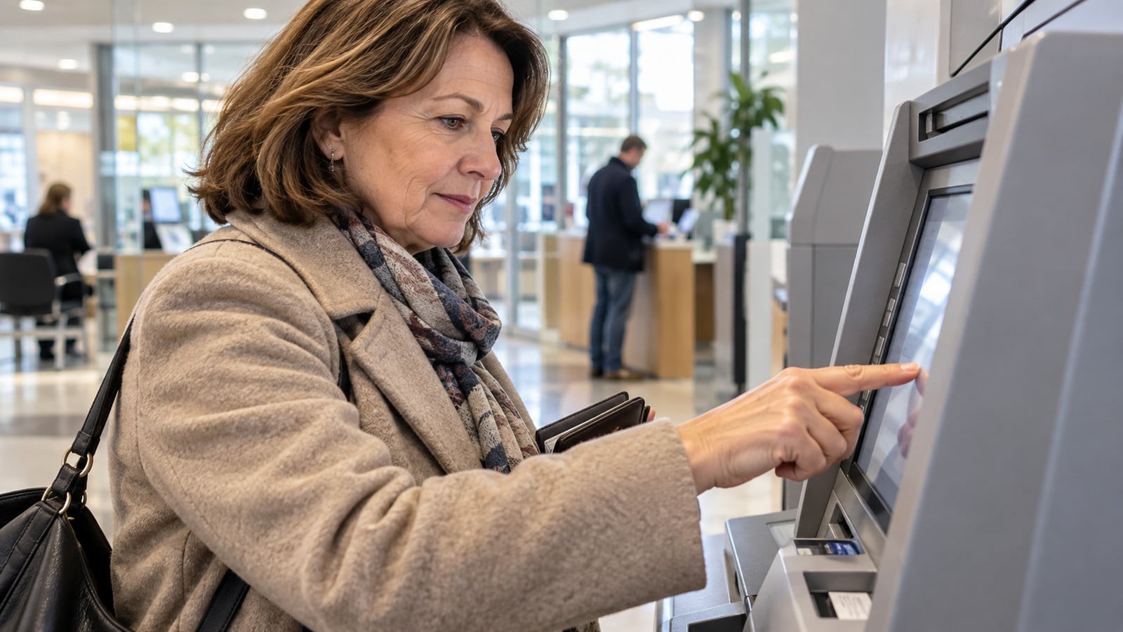 Frau bedient ein Bankterminal in einer Filiale