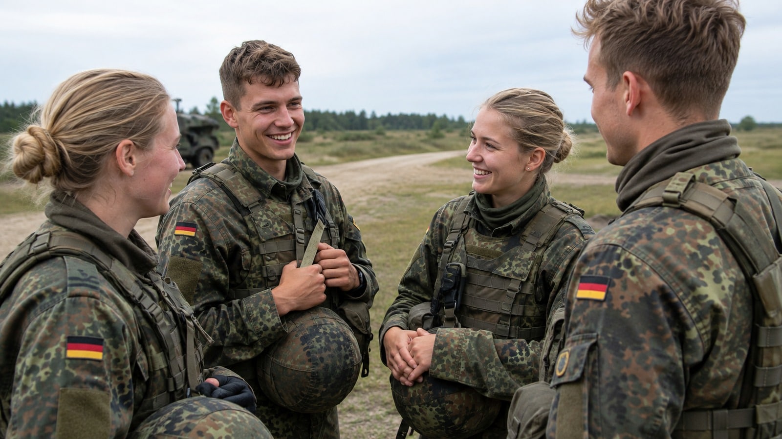 Junge Bundeswehr-Rekruten unterhalten sich auf einem Truppenübungsplatz