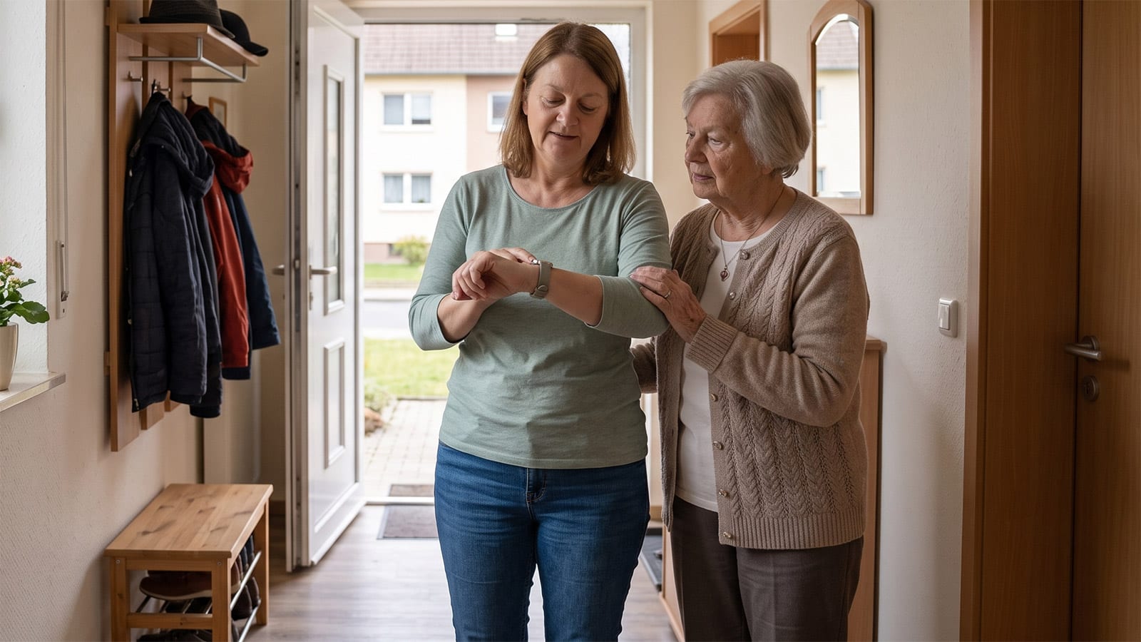 Eine etwa 50-jährige Frau schaut im hellen Flur einer Wohnung auf ihre Armbanduhr, während neben ihr eine ältere Frau steht und unterstützend ihren Arm berührt. Im Hintergrund ist die leicht geöffnete Haustür sowie eine Garderobe zu sehen.