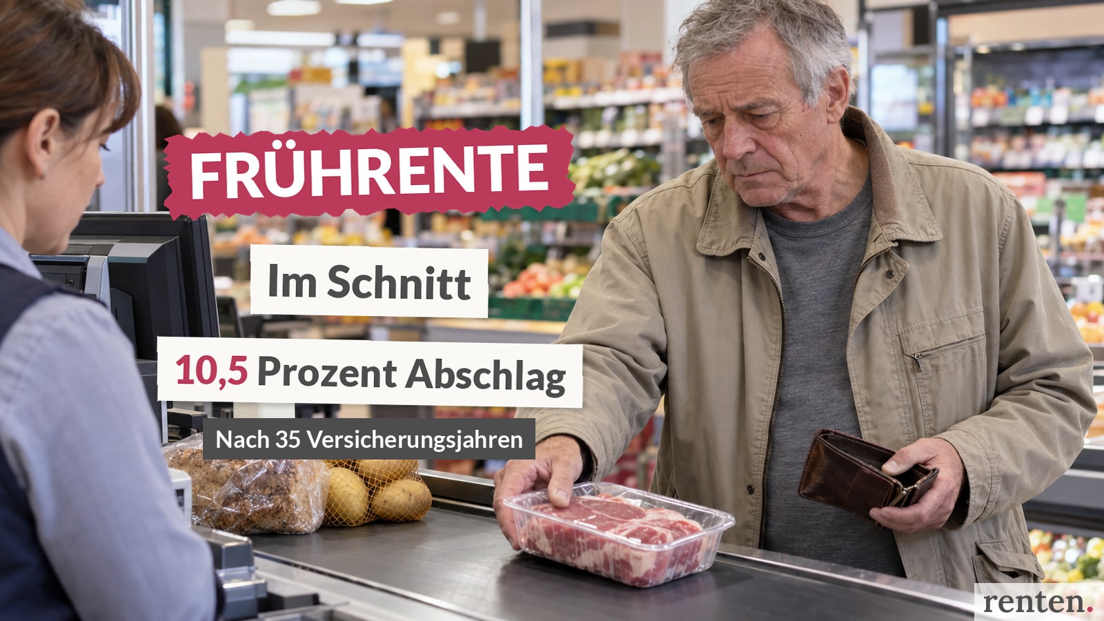 Mann an einer Supermarktkasse mit Einblendung „FRÜHRENTE – Im Schnitt 10,5 Prozent Abschlag – Nach 35 Versicherungsjahren“.