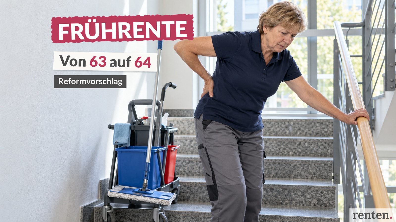 Reinigungskraft mit Rückenschmerzen im Treppenhaus, mit Einblendung „FRÜHRENTE“, „Von 63 auf 64“.