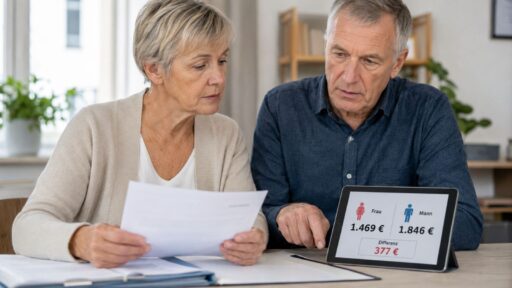 Mann und Frau am Tisch und Dokumentation der Ungleichheit bei Frührente 377 Euro