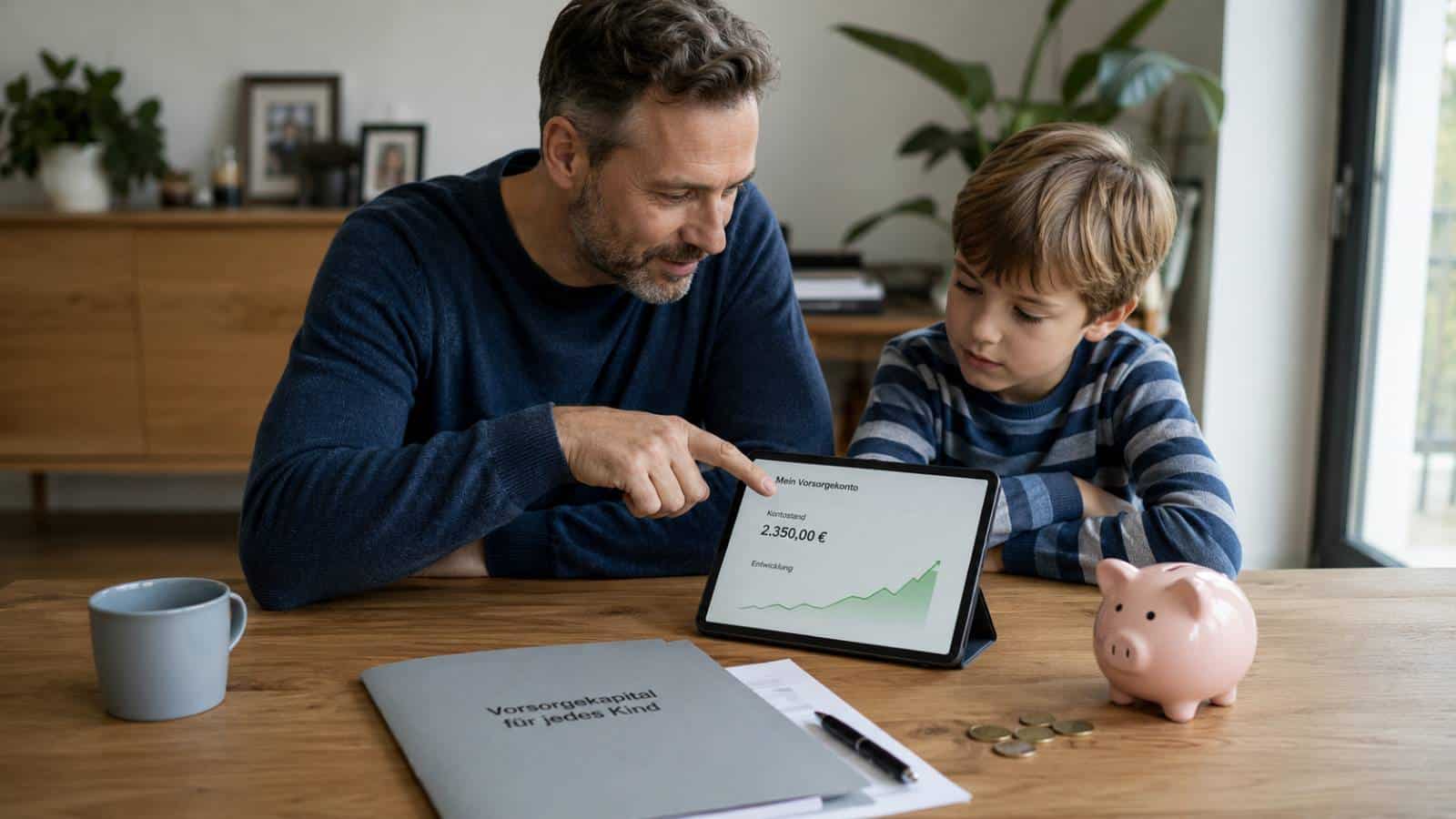 Vater schaut sich mit Kind die Entwicklung des Kapitalmarktes zur Frühstart-Rente an