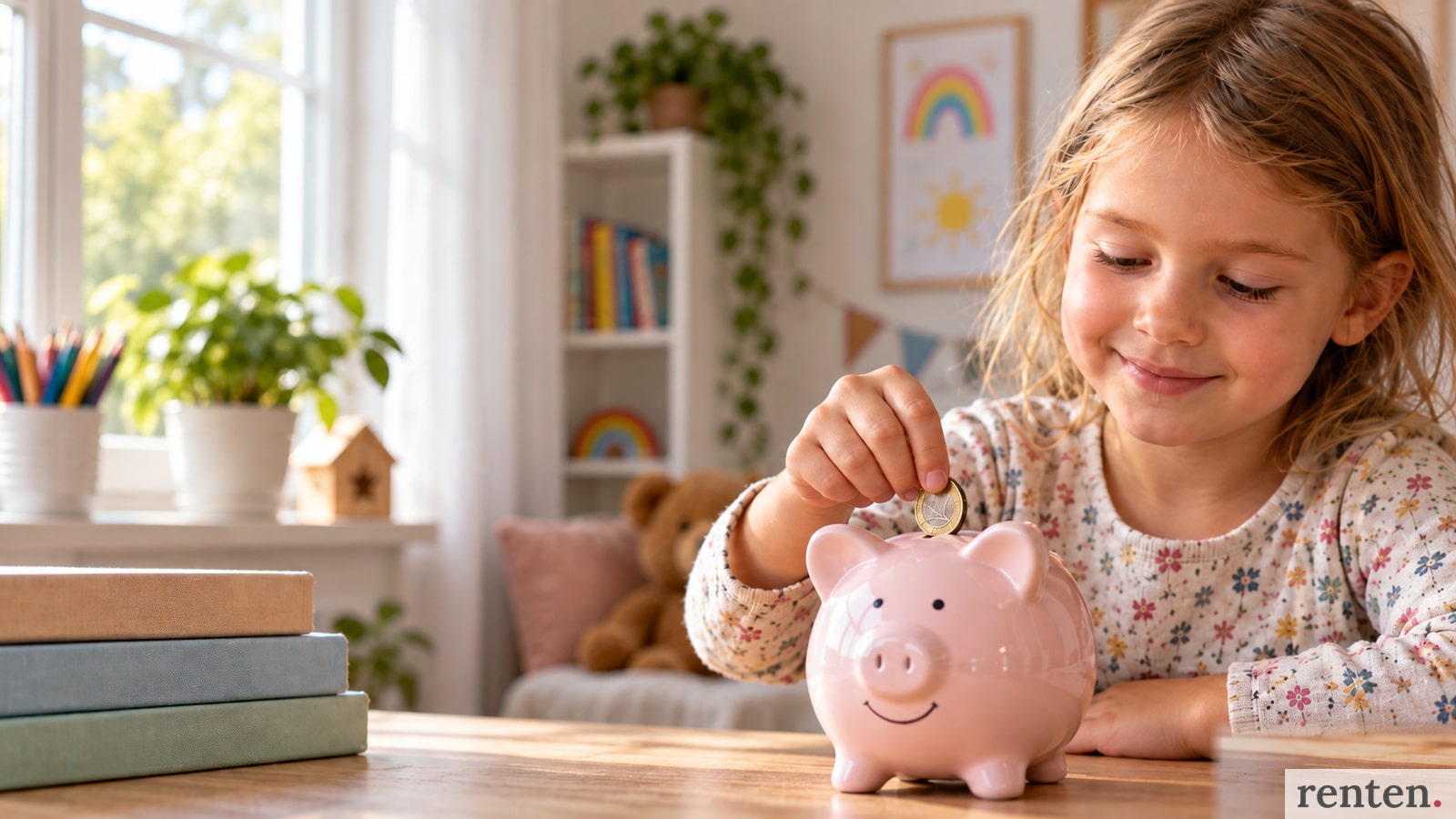 Mädchen steckt eine Ein-Euro-Münze in ein Sparschwein als Symbol für die Frühstartrente.