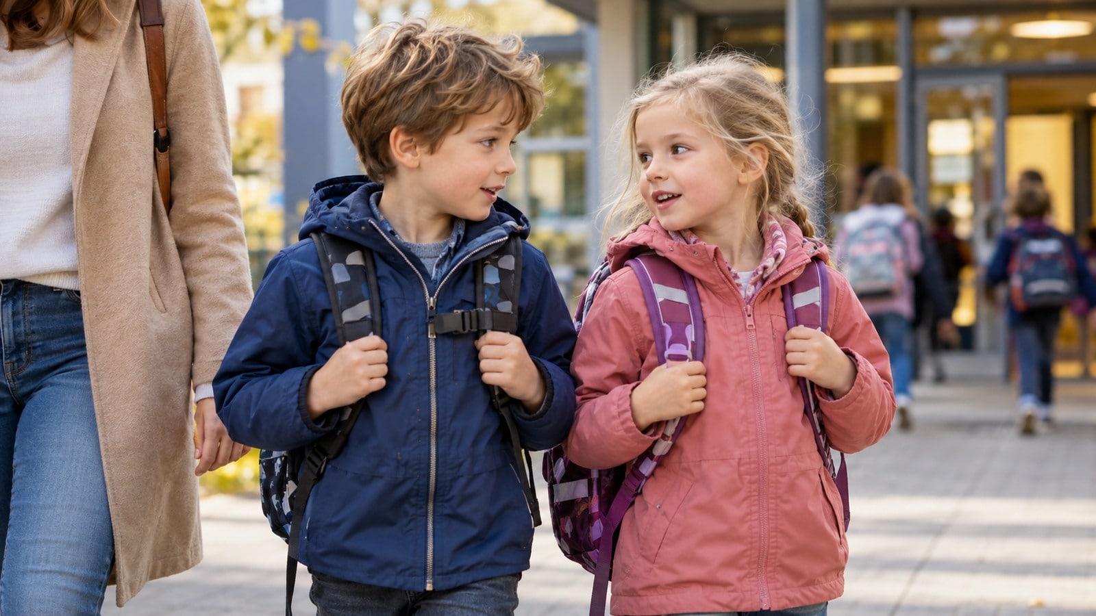 Zwei fast gleichaltrige Kinder gehen mit Schulranzen zur Schule.