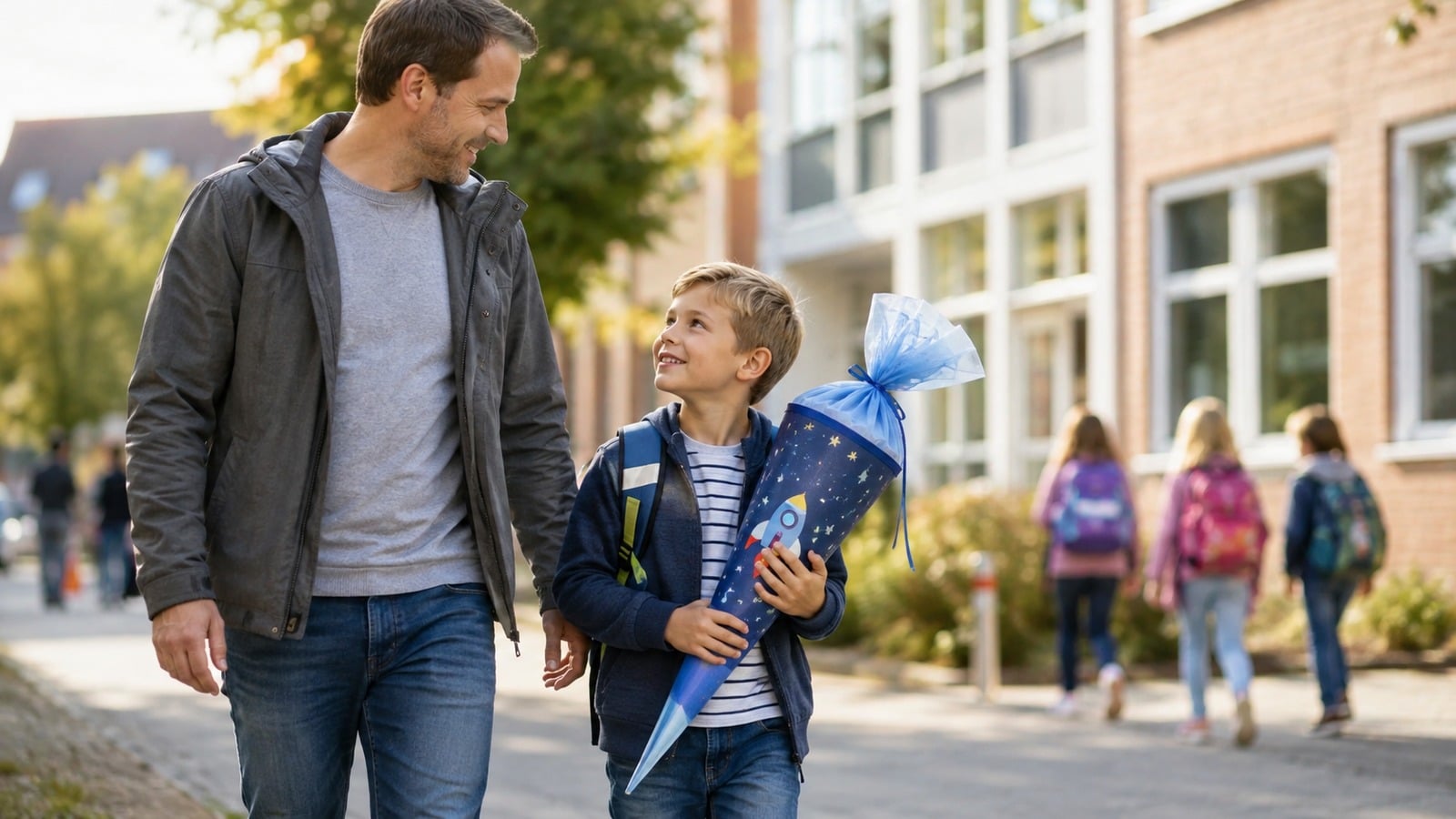 Sechsjähriges Kind mit Schulranzen vor einer Grundschule als Motiv zur Frühstartrente