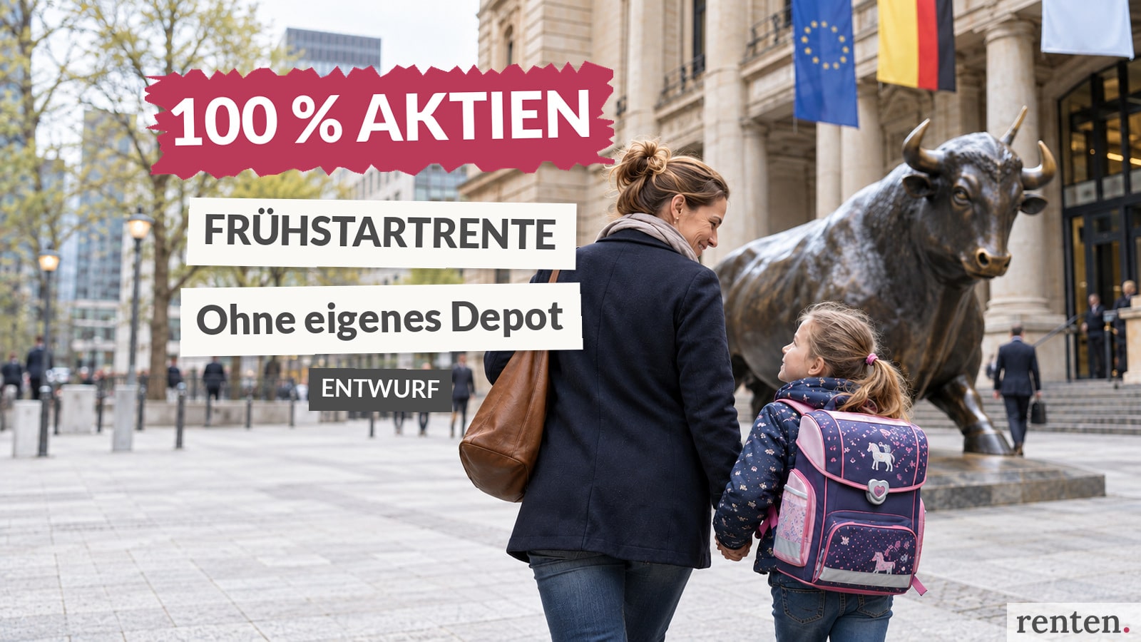 Mutter und Grundschulkind gehen an einem Börsengebäude mit Bullenfigur vorbei.